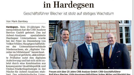 Articolo sul 25° anniversario della CRB Analyse Service GmbH pubblicato sul quotidiano HNA | © Göttinger Tageblatt GmbH & Co. KG