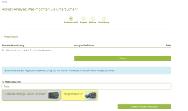 CRB Customer Shop: selezionare il materiale campione per l'analisi dell'amianto